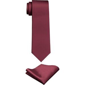 Men's Burgundy Solid Color Imported Formal Neck Ties And Pocket Square Sets